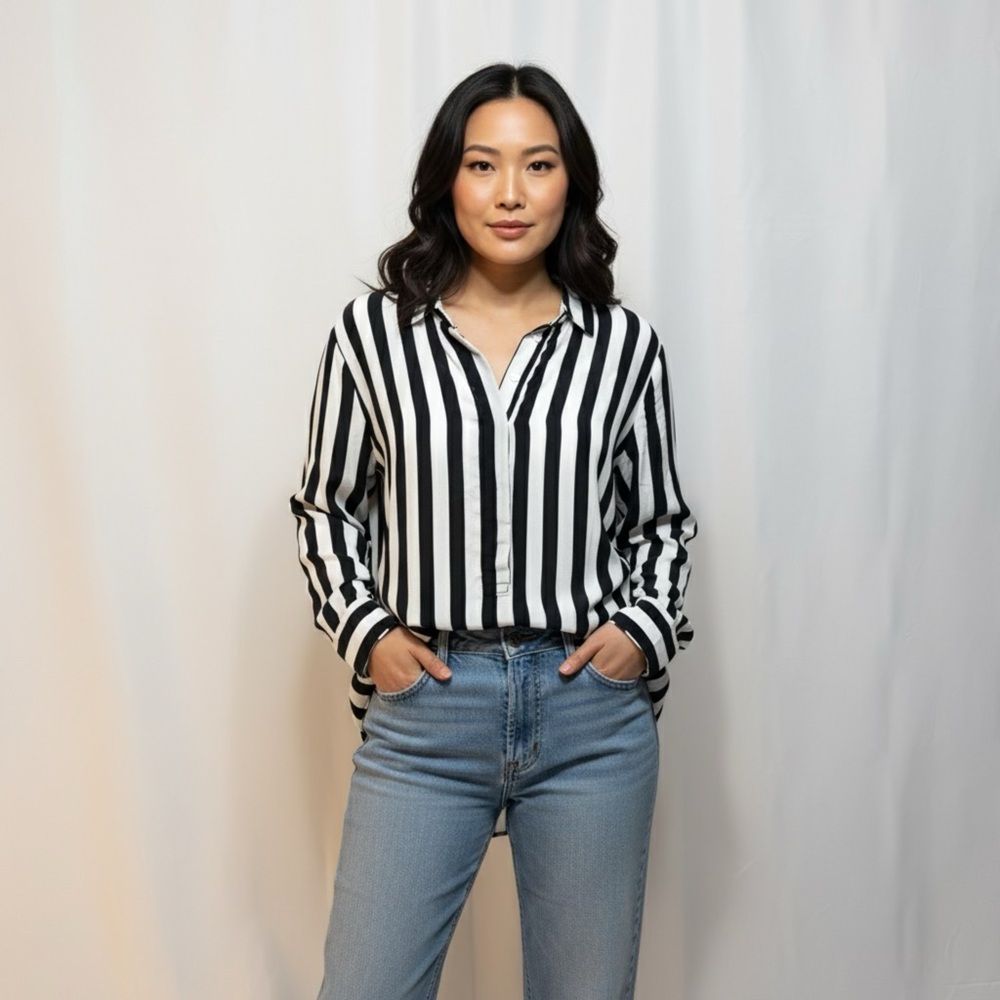 100 % Silk Joe Fresh Monochrome Striped Button Down Shirt